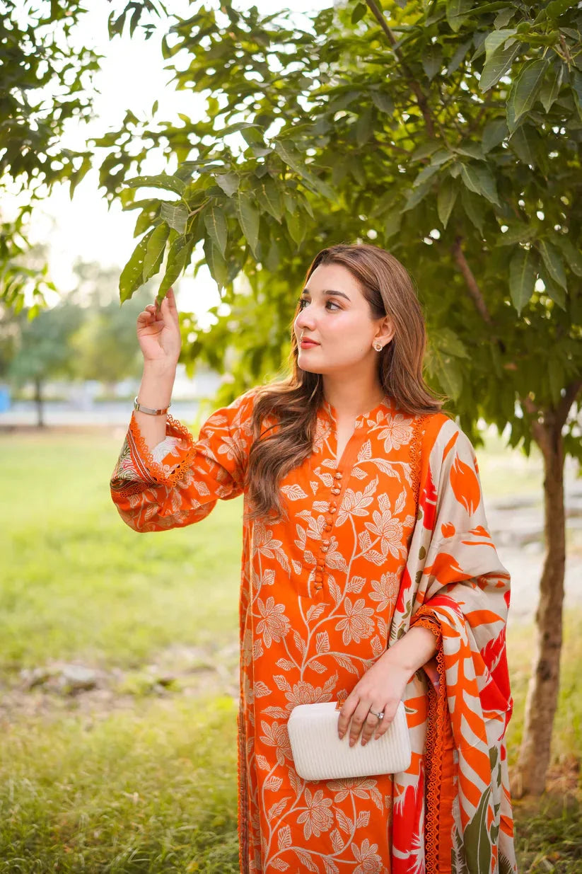 Aneela’s Orange Luxury Unstitched Printed Lawn