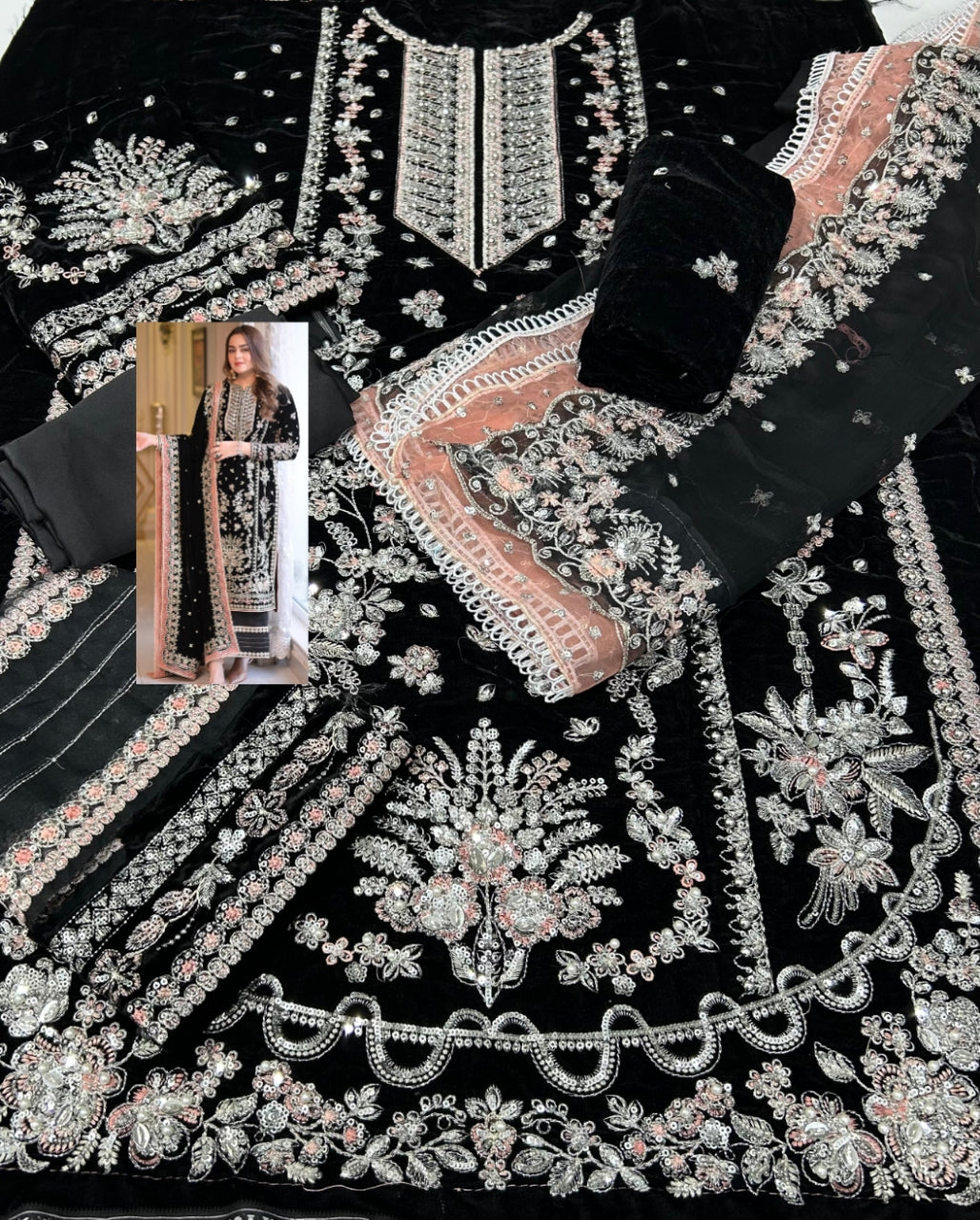 Black Luxury Velvet Suit 3 Piece Unstitched - ANL