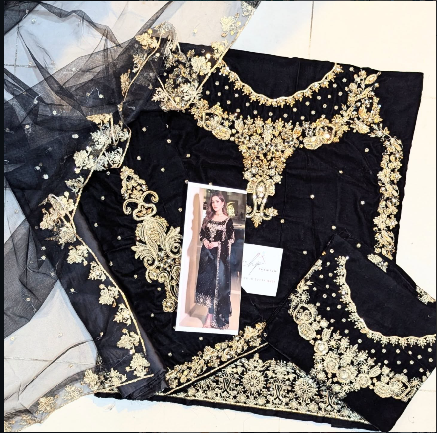 Black Luxury Velvet Suit 3 Piece Unstitched - ANL FB