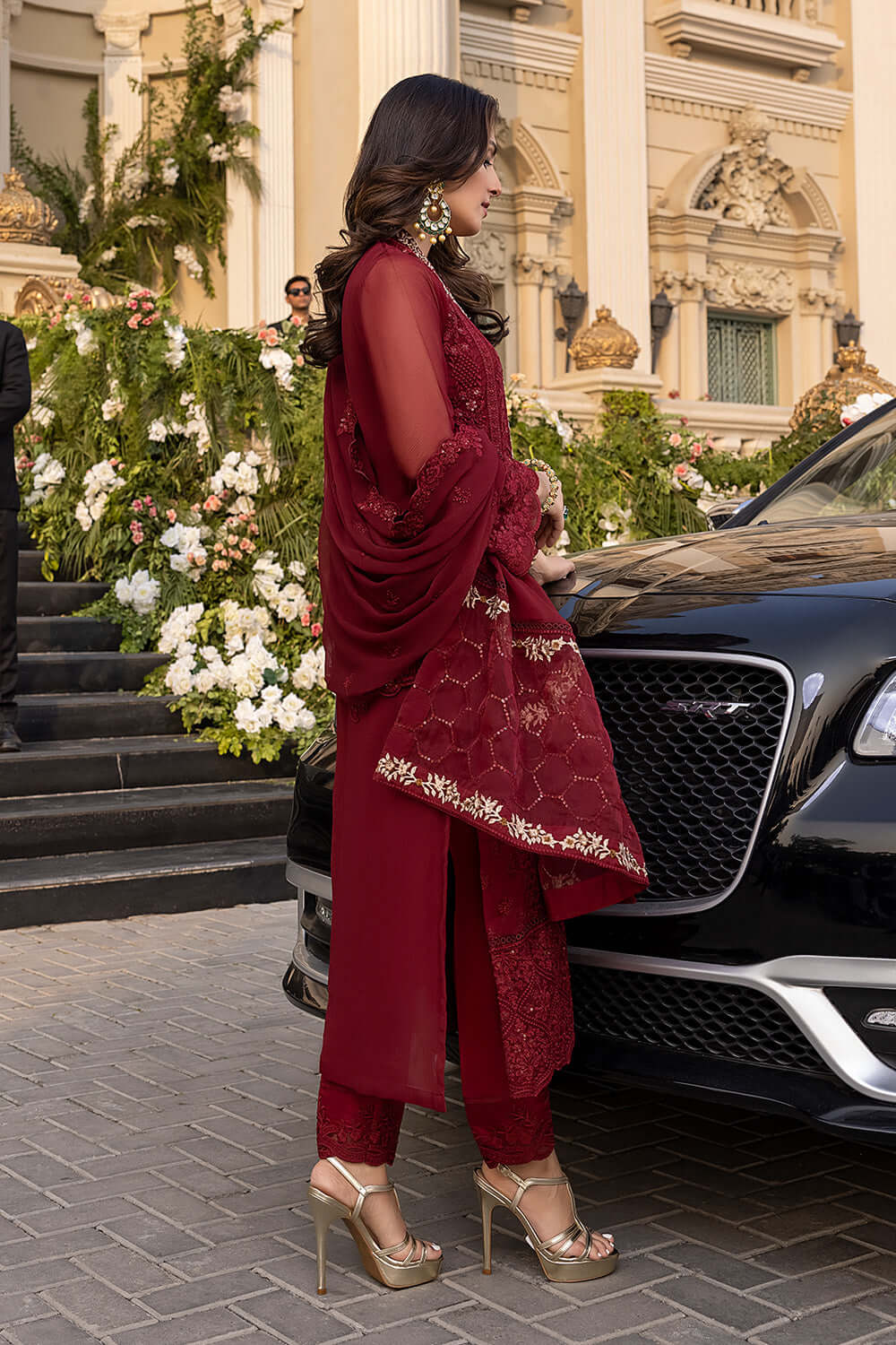 Mehroon Embroidered Chiffon 3 Piece Unstitched Suit -Party Wear