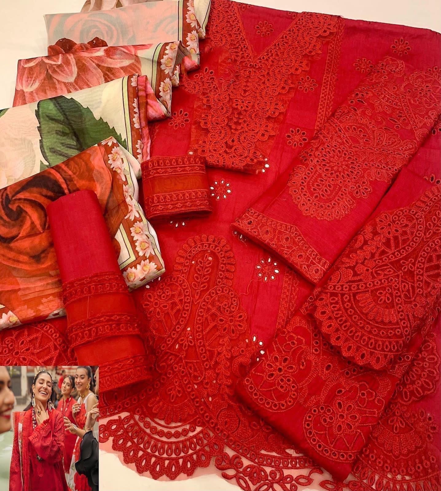 Red Embroidered Chicken Kari Lawn 3 Piece Unstitched Suit ML-D04 - Summer Collection