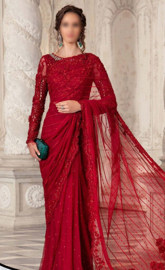 Red Embroidered Unstitched Soft Net Saree - Party Wear