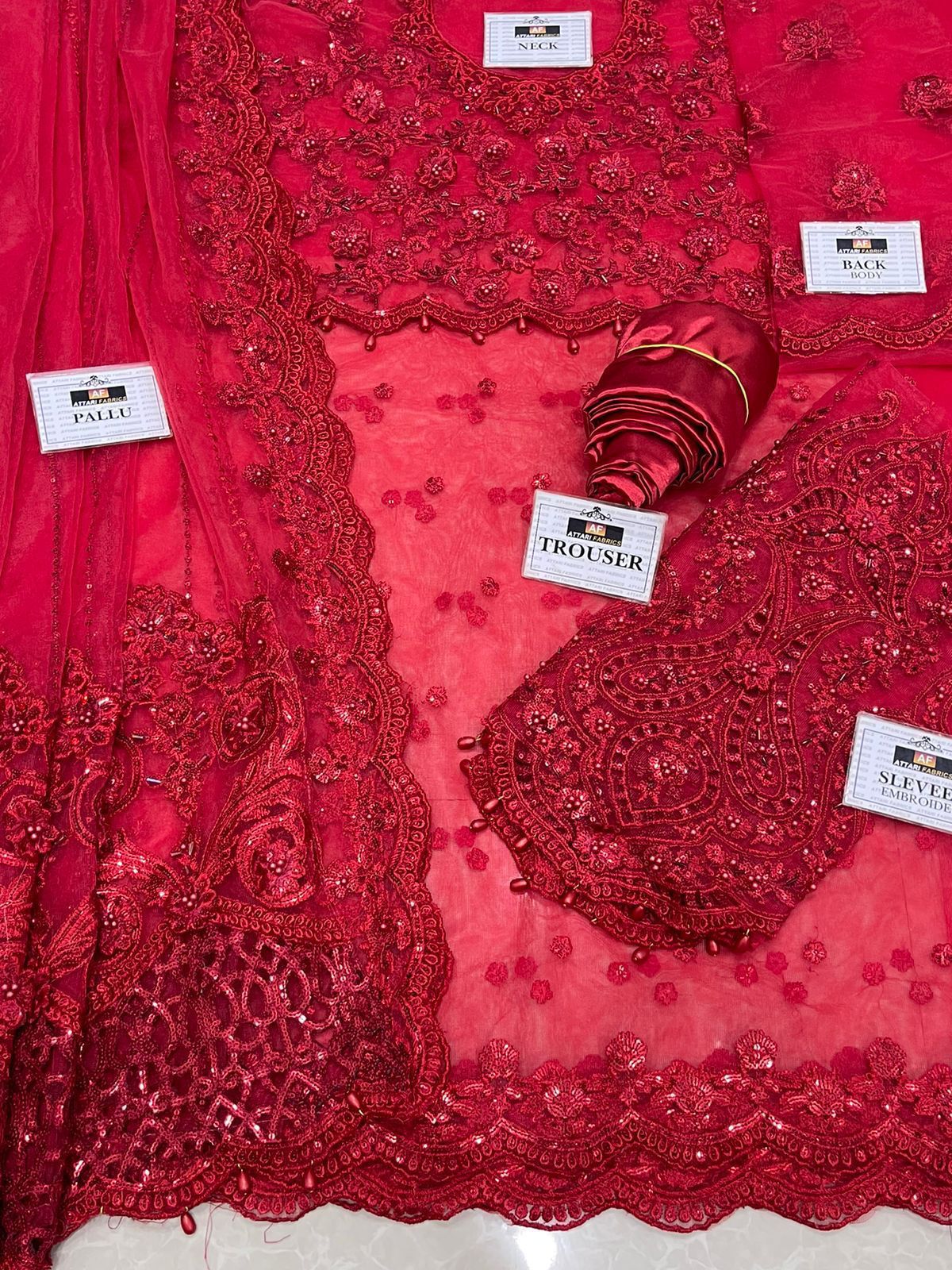 Red Embroidered Unstitched Soft Net Saree - Party Wear