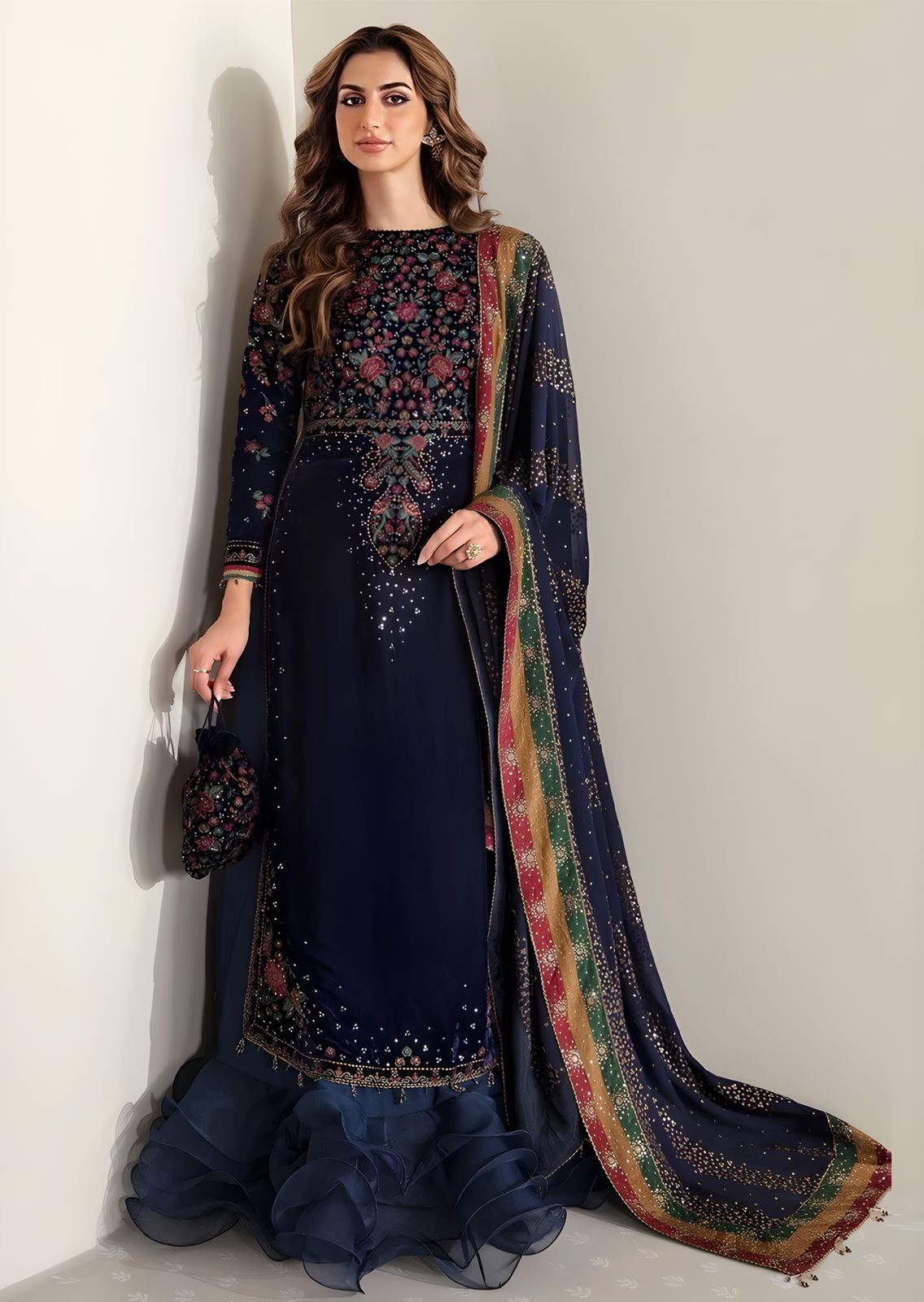Blue Velvet Embroidered Unstitched 3 Piece Suit-Party Wear