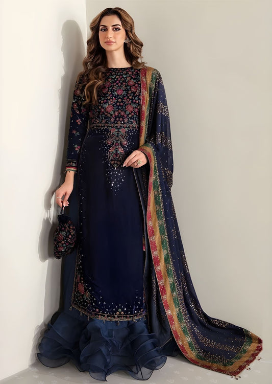 Blue Velvet Embroidered Unstitched 3 Piece Suit-Party Wear