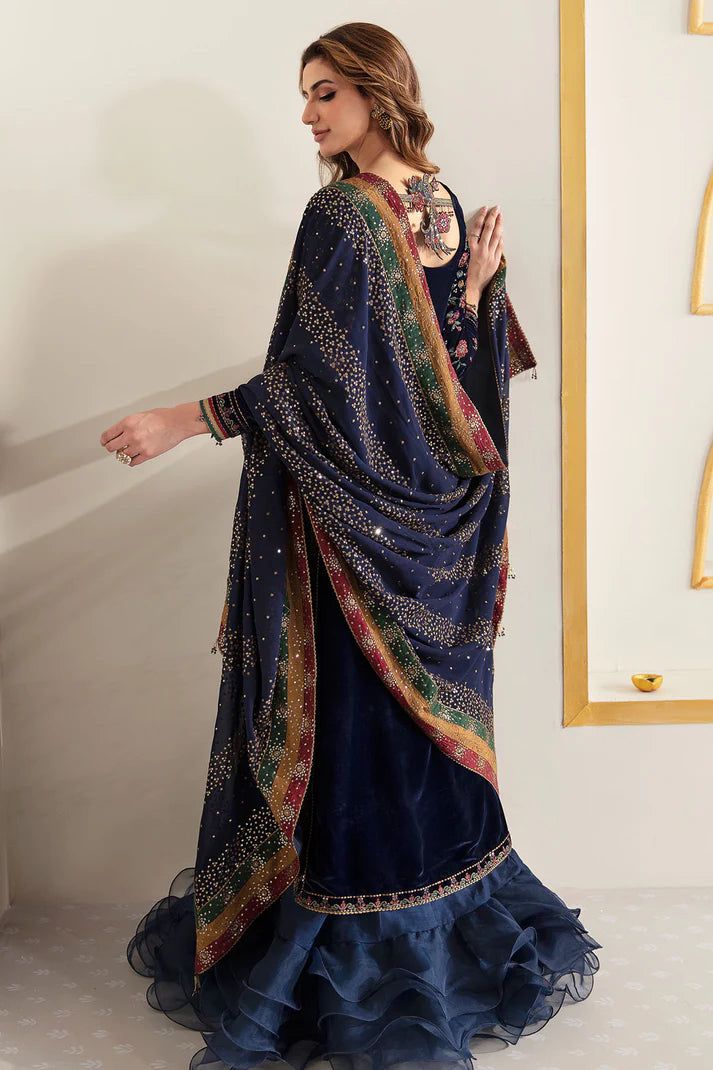 Blue Velvet Embroidered Unstitched 3 Piece Suit-Party Wear