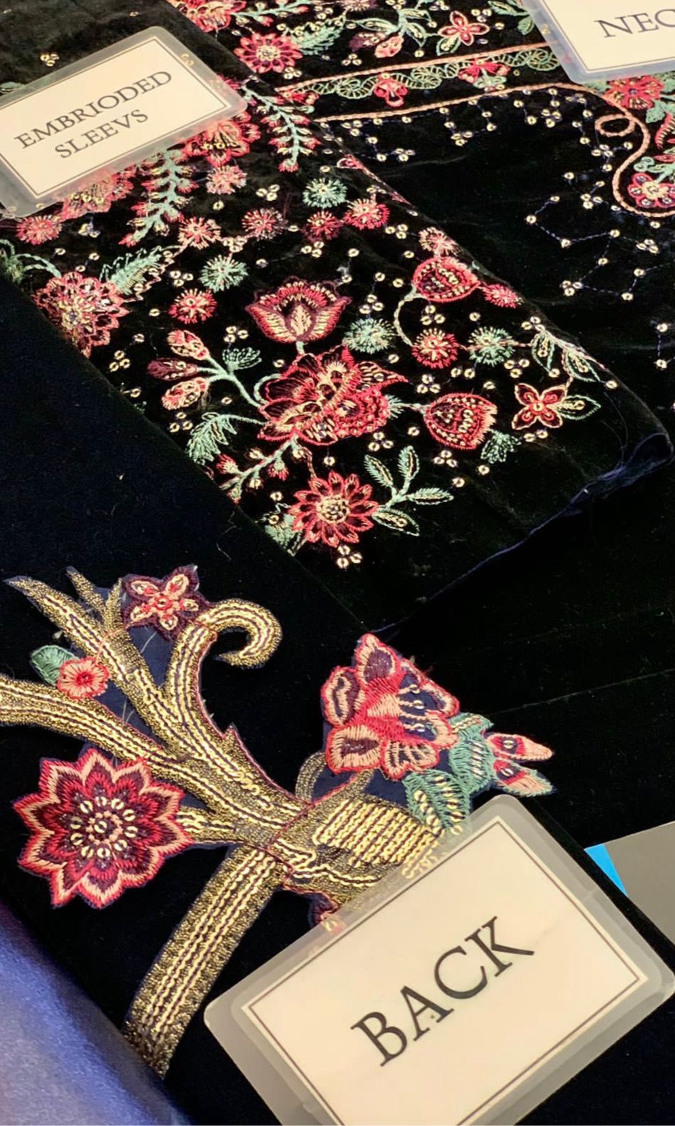 Blue Velvet Embroidered Unstitched 3 Piece Suit-Party Wear
