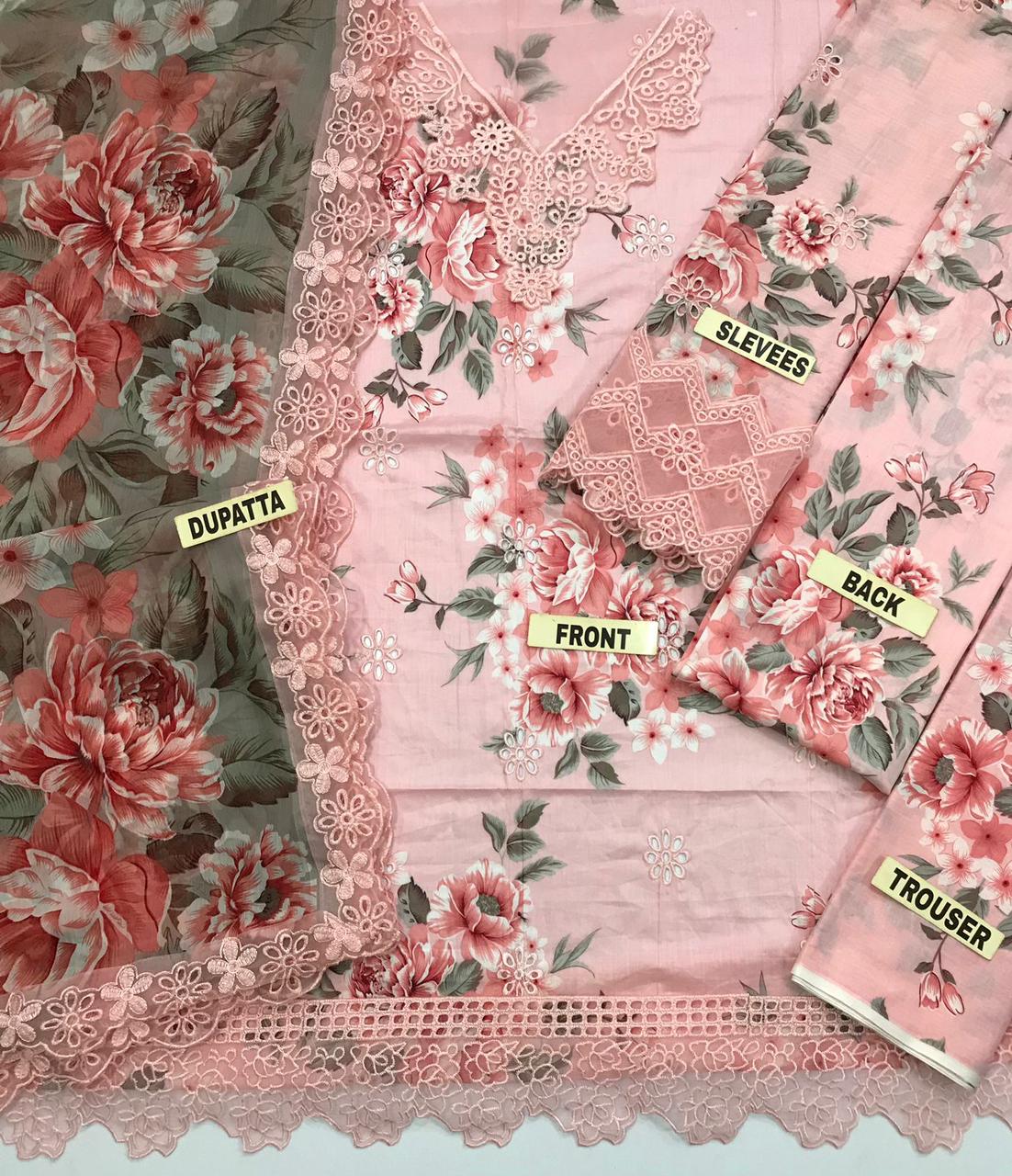 Chicken Kari Embroidered Lawn 3 Piece Unstitched Suit - Summer Collection IZ-PinK