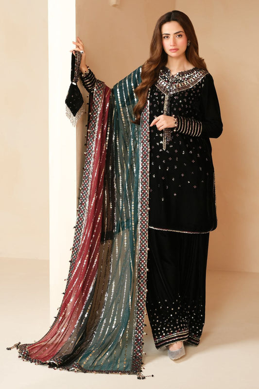 Embroidered black Multi Dupatta Luxury Velvet Dress Unstiched 3 Piece
