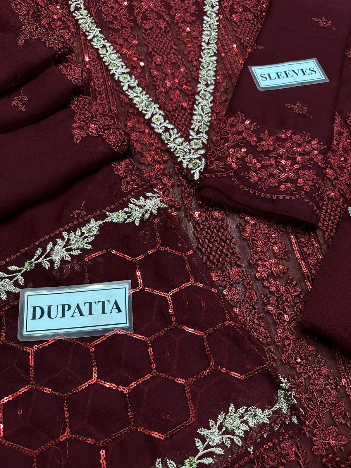 Mehroon Embroidered Chiffon 3 Piece Unstitched Suit -Party Wear