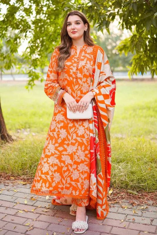 Aneela’s Orange Luxury Unstitched Printed Lawn
