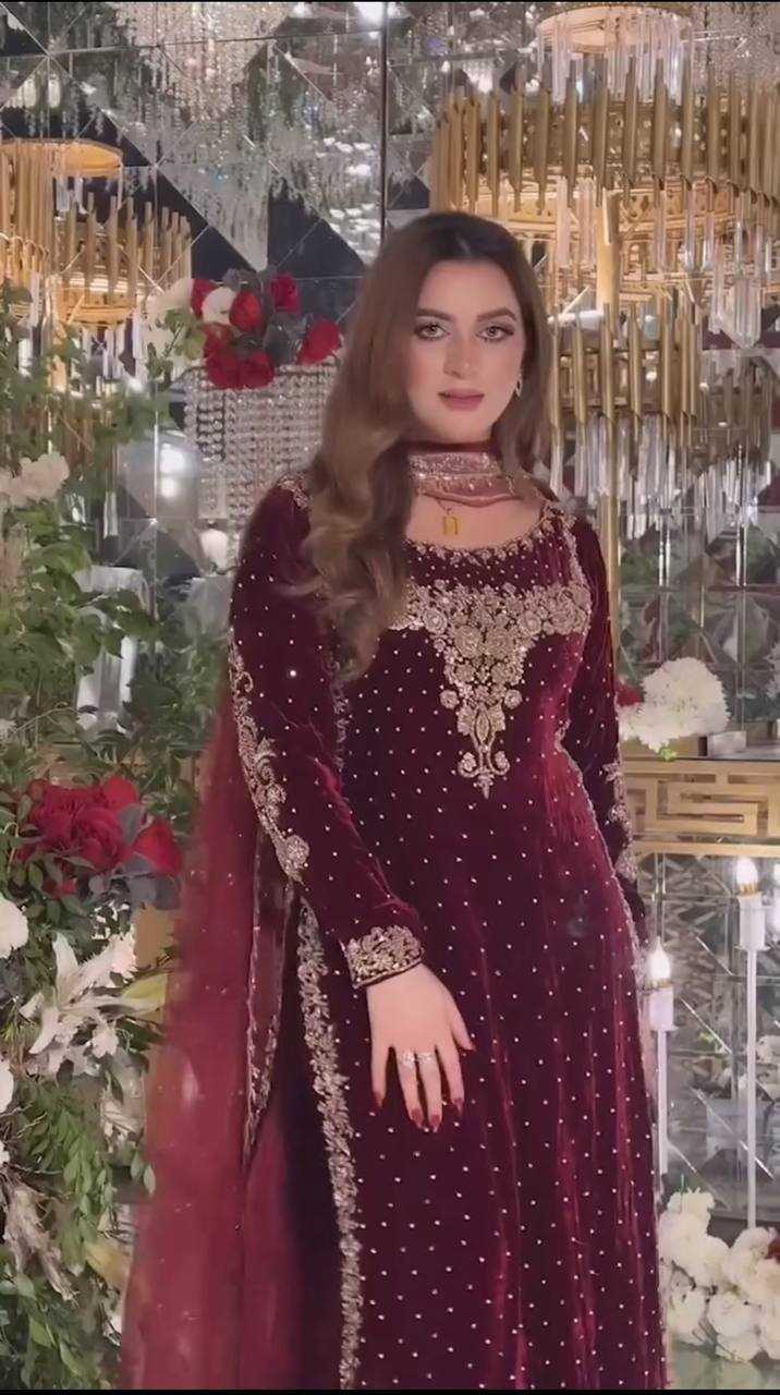 Mehroon Luxury Velvet Suit 3 Piece Unstitched - ANL
