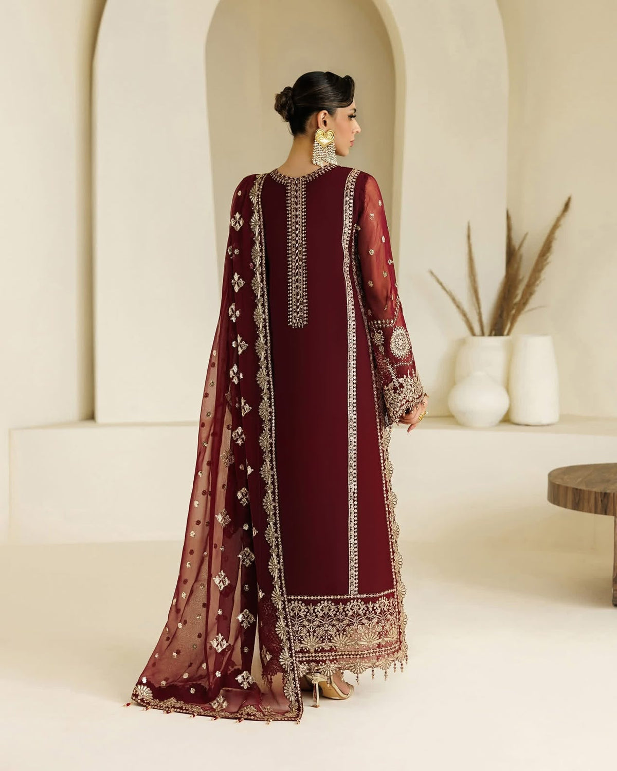 Alizeh Mehroon Chiffon Embroidered 3 Piece Unstitched Suit