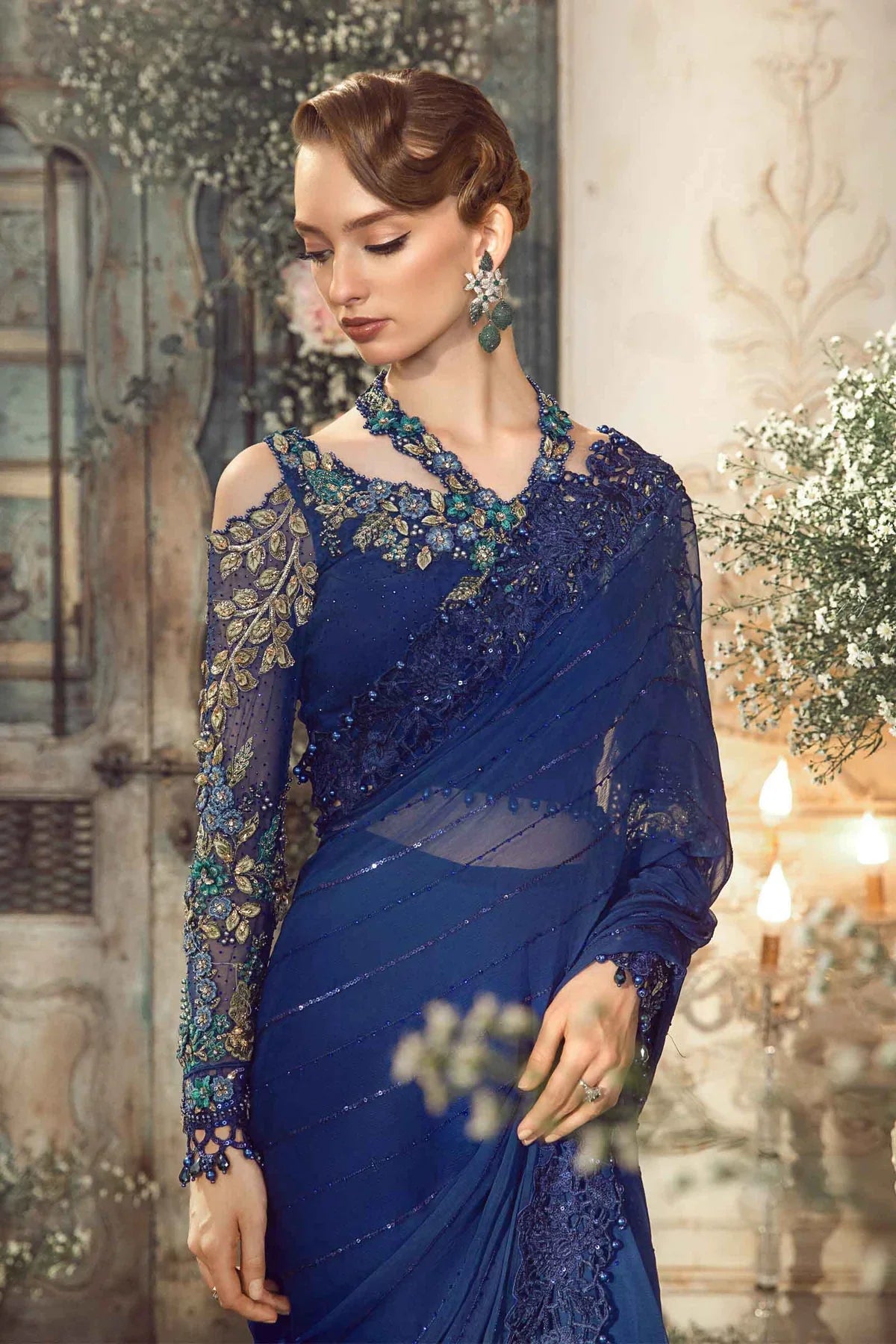 Luxury Blue Chiffon Embroidered Unstitched Saree -Party Wear