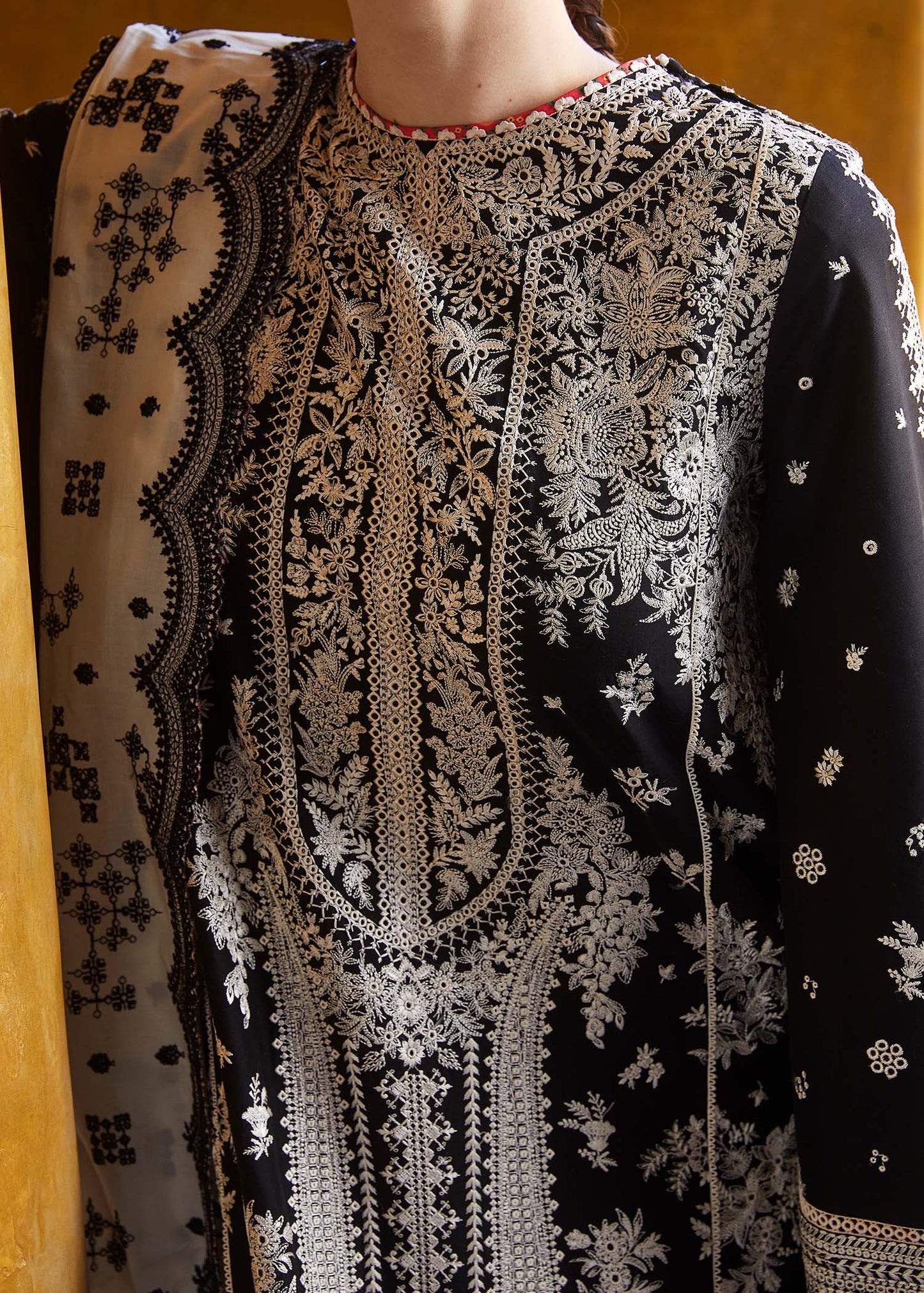 Black Luxury Embroidered Lawn 3 piece Unstitched Dress - Shams