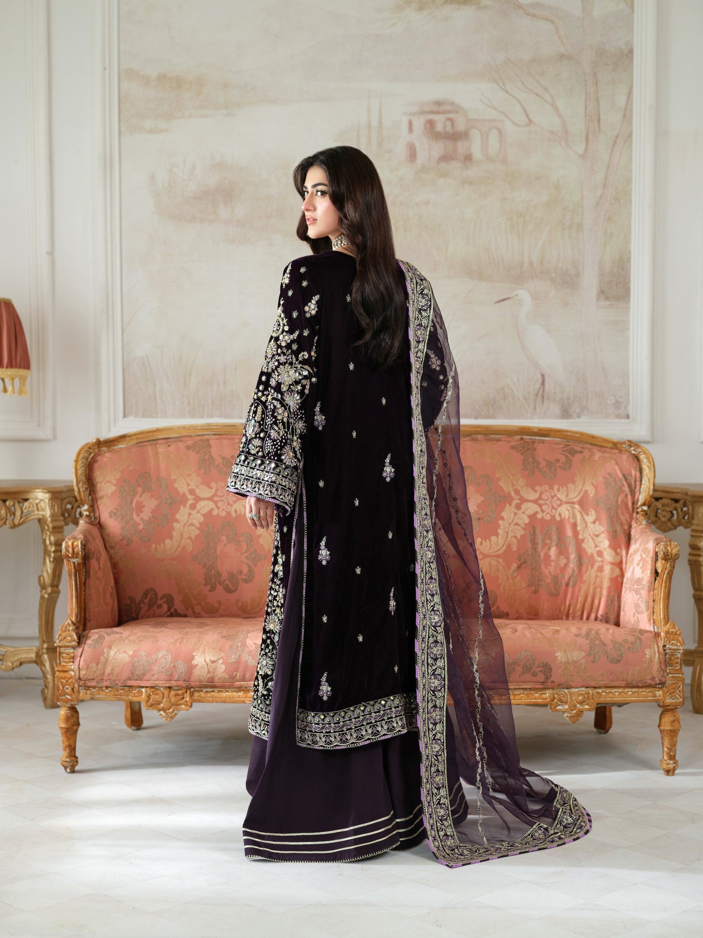 Dark Purple Luxury Velvet Suit 3 Piece Unstitched - ANL