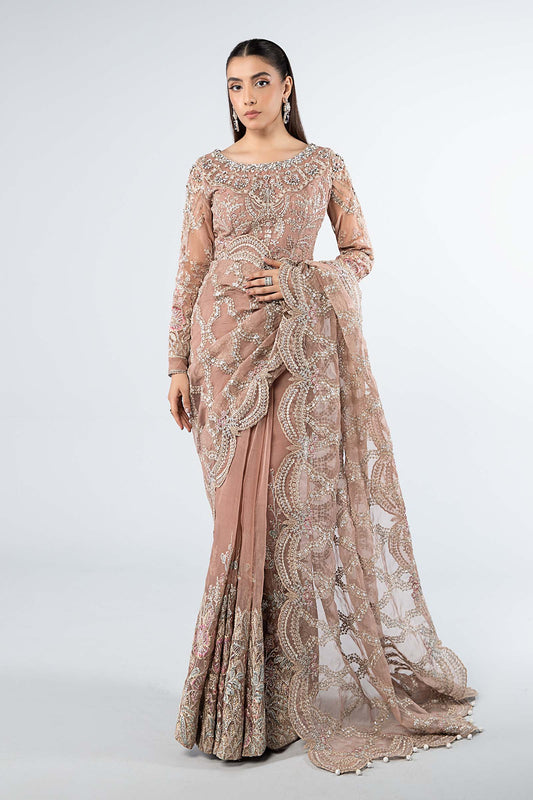 Luxury Net Embroidered Unstitched Saree Dusty Rose -Party Wear