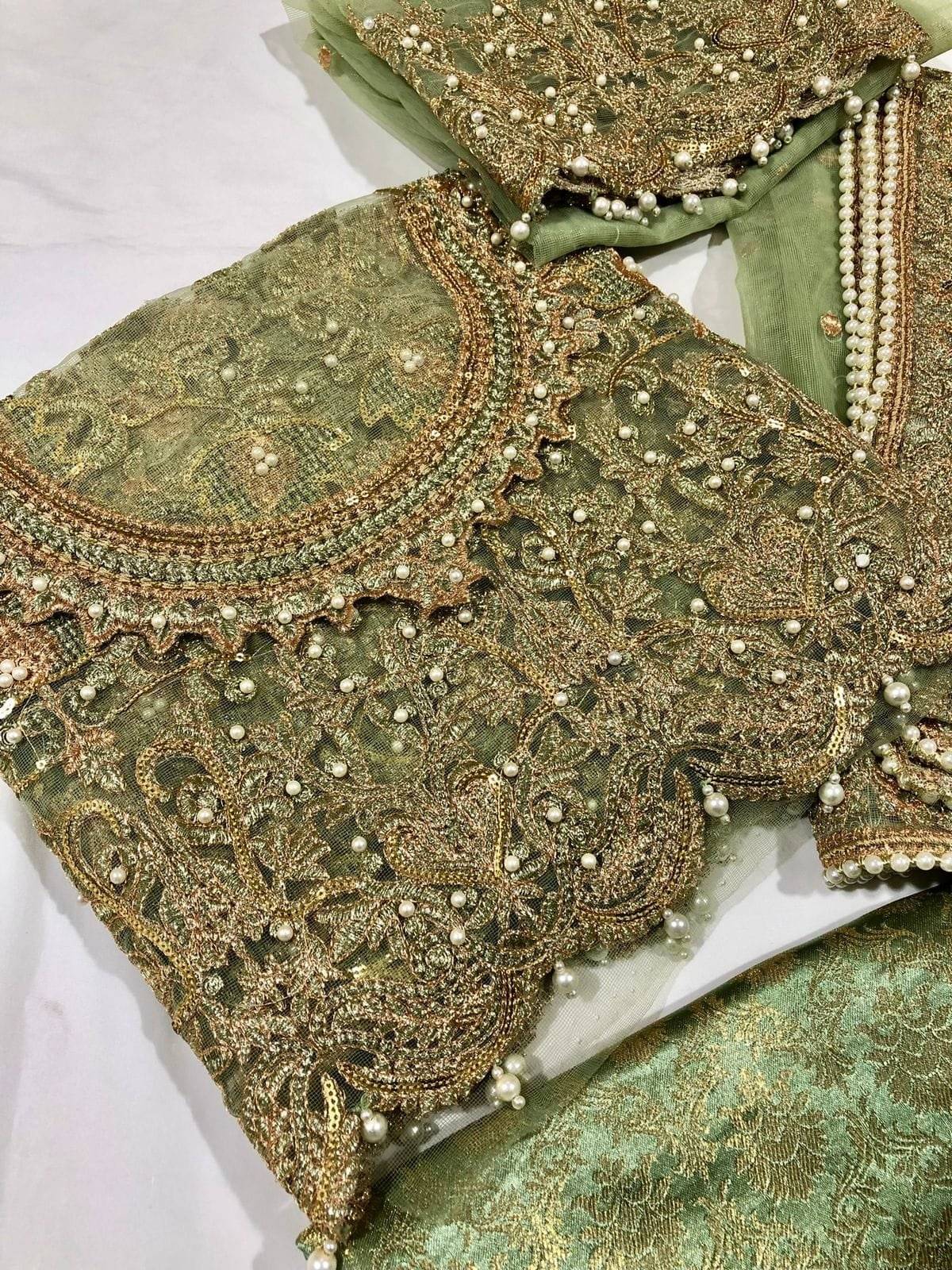 Pista Green Net Unstitched Party Wear 3 Piece Dress