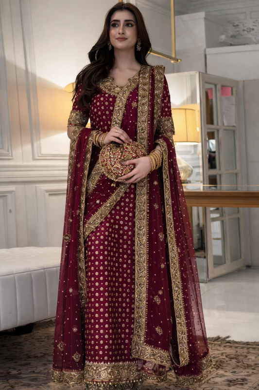 Hussain Rehar - Bridal Chiffon Hand Embellished & Embroidered 3Pc Dress Unstitched