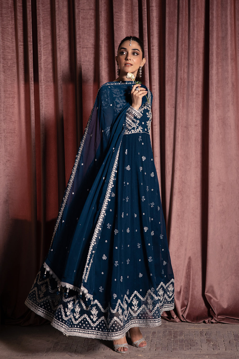 Blue Maxi Chiffon Unstitched 3 Piece - Party Wear