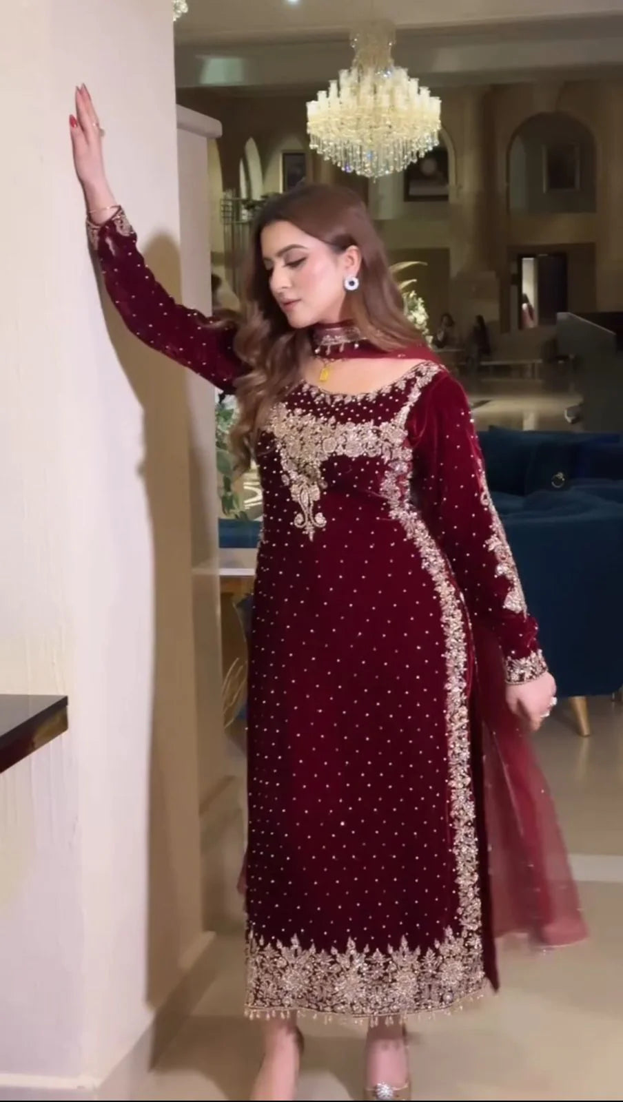 Mehroon Luxury Velvet Suit 3 Piece Unstitched - ANL