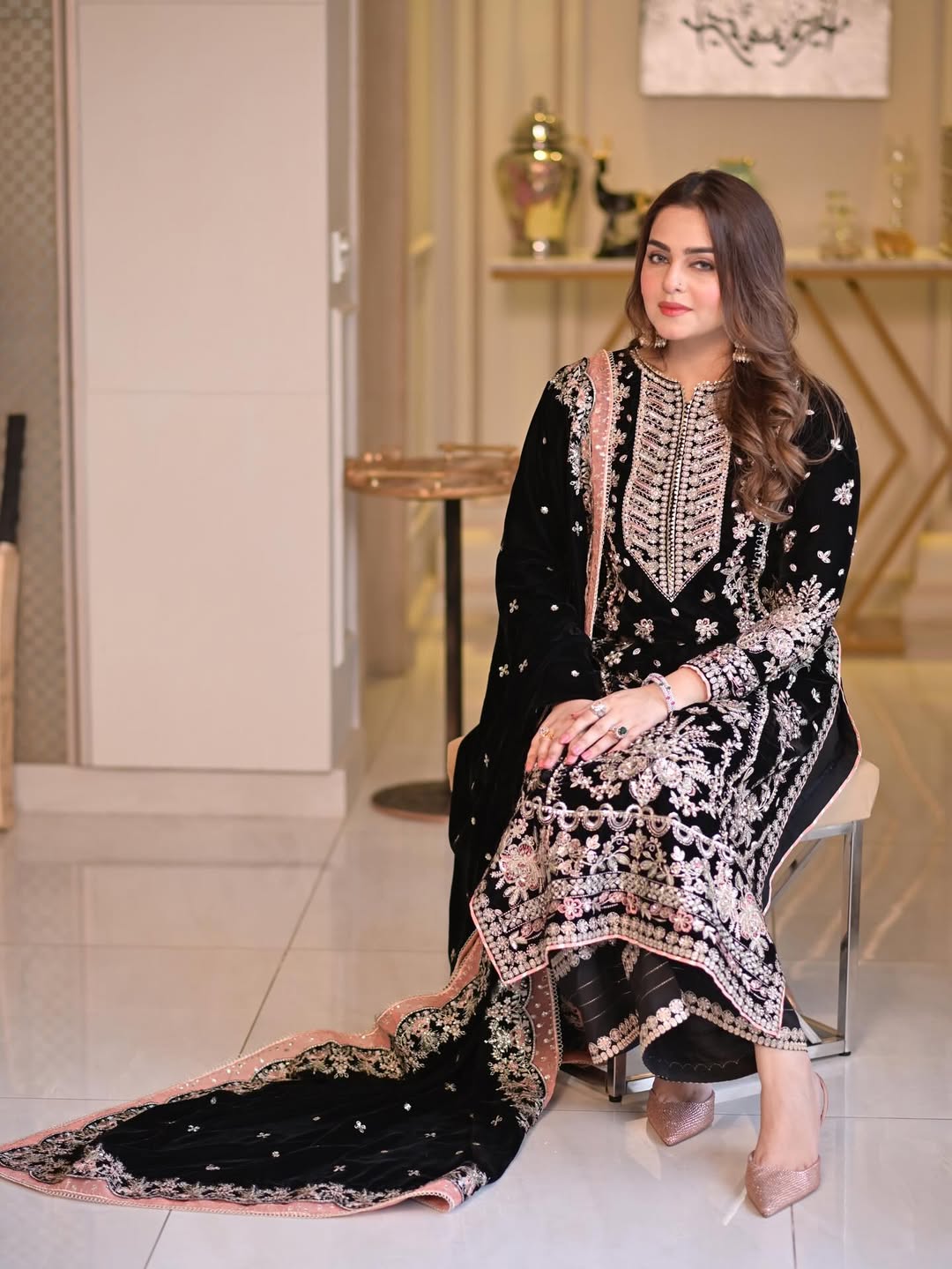 Black Luxury Velvet Suit 3 Piece Unstitched - ANL