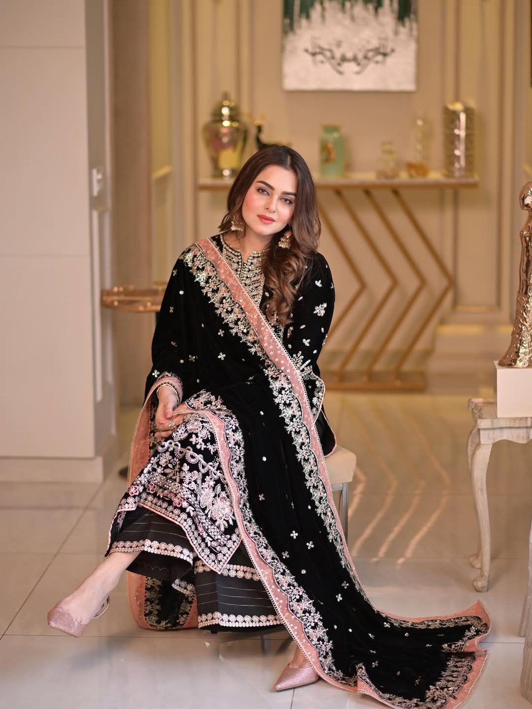Black Luxury Velvet Suit 3 Piece Unstitched - ANL