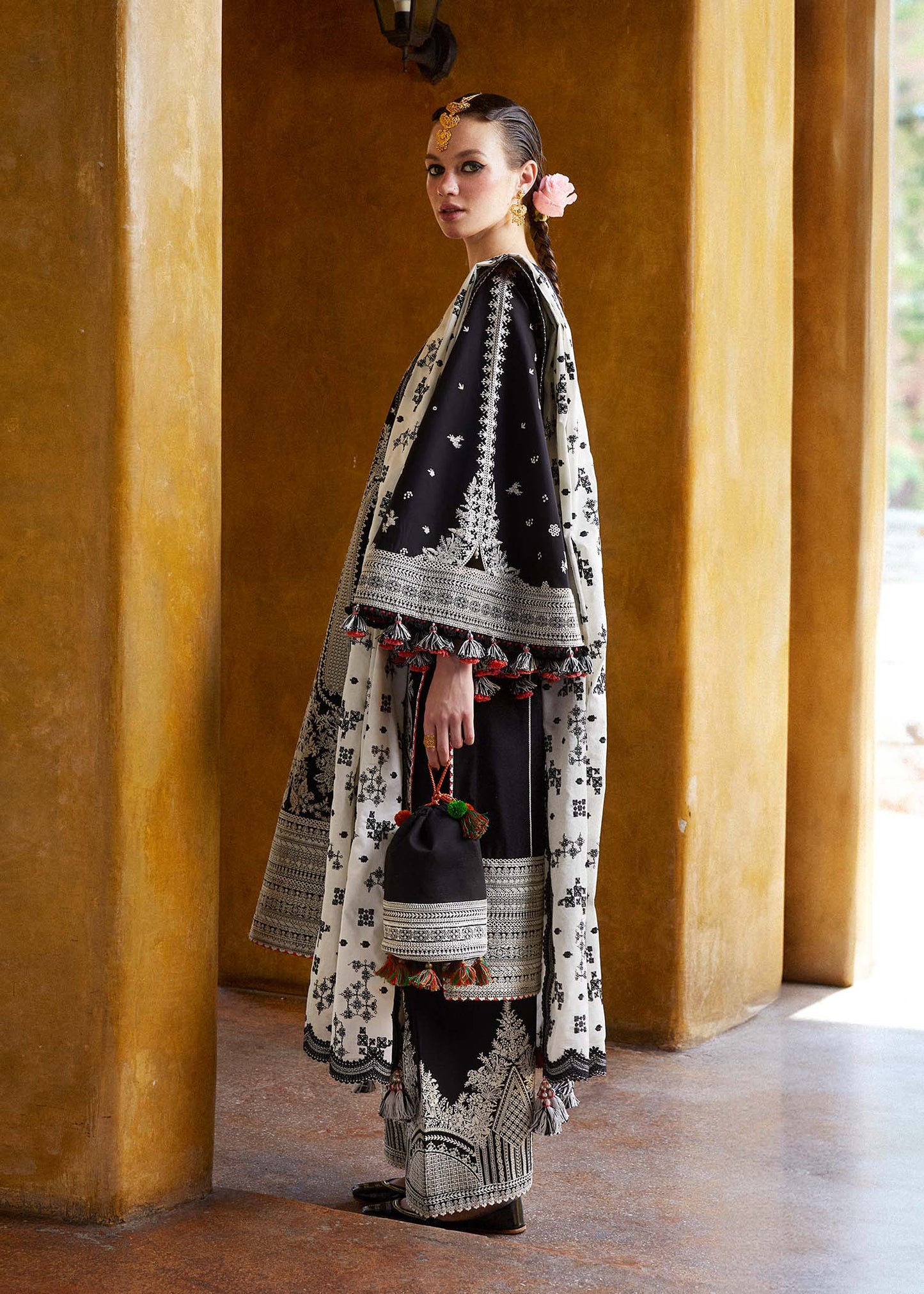 Black Luxury Embroidered Lawn 3 piece Unstitched Dress - Shams