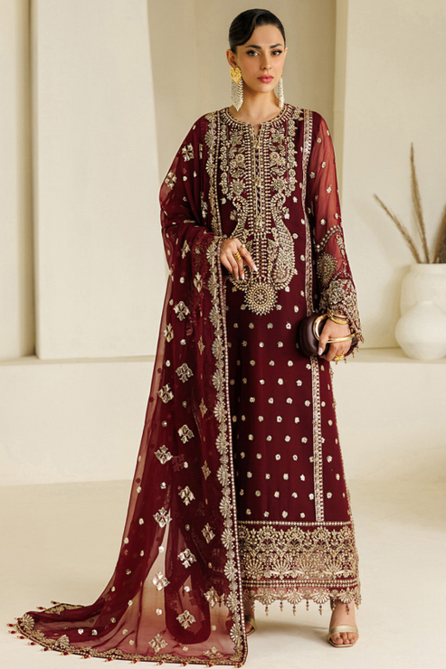 Alizeh Mehroon Chiffon Embroidered 3 Piece Unstitched Suit
