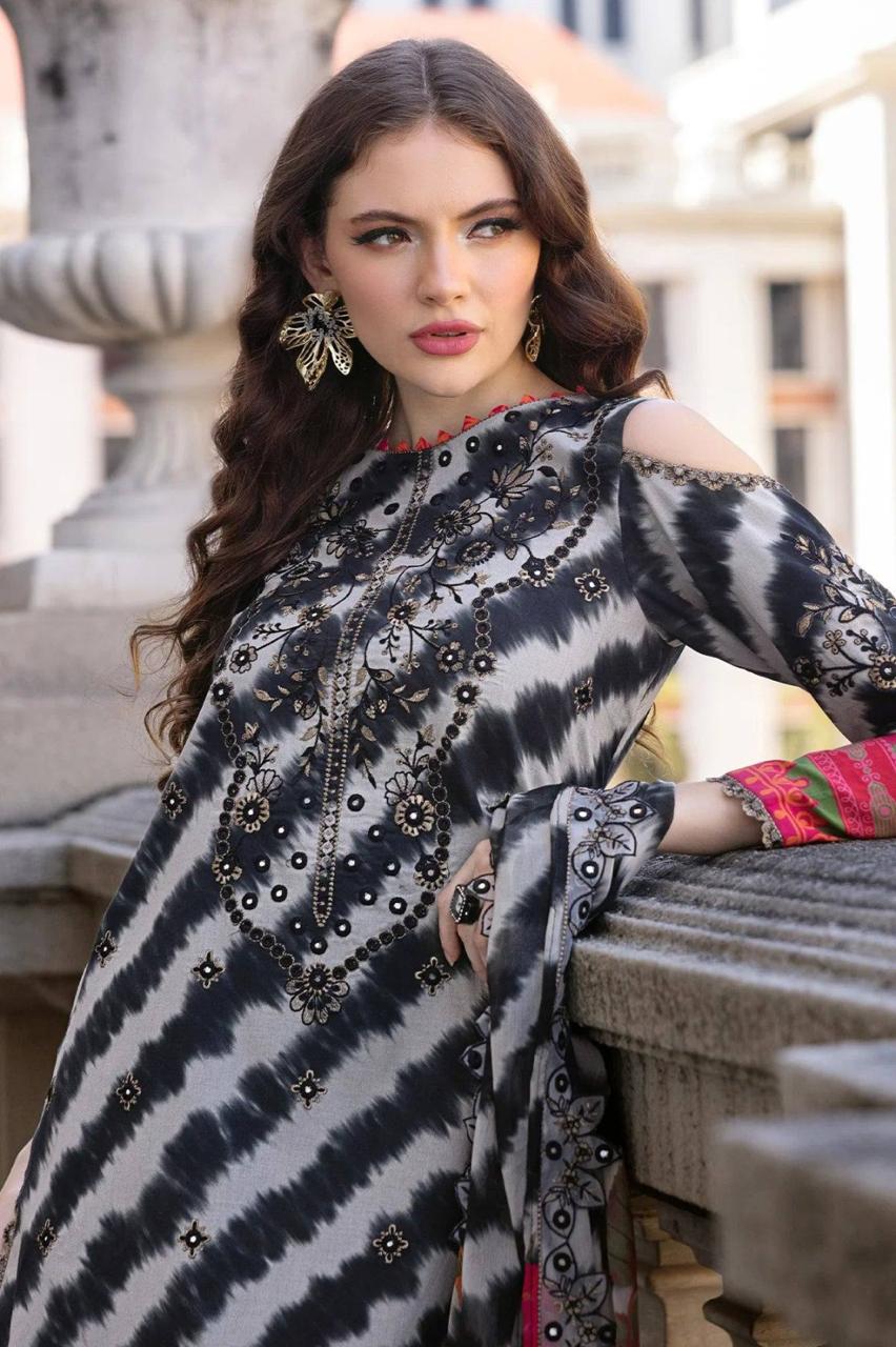 Black Embroidered Lawn 3 Piece Unstitched Suit - HOC