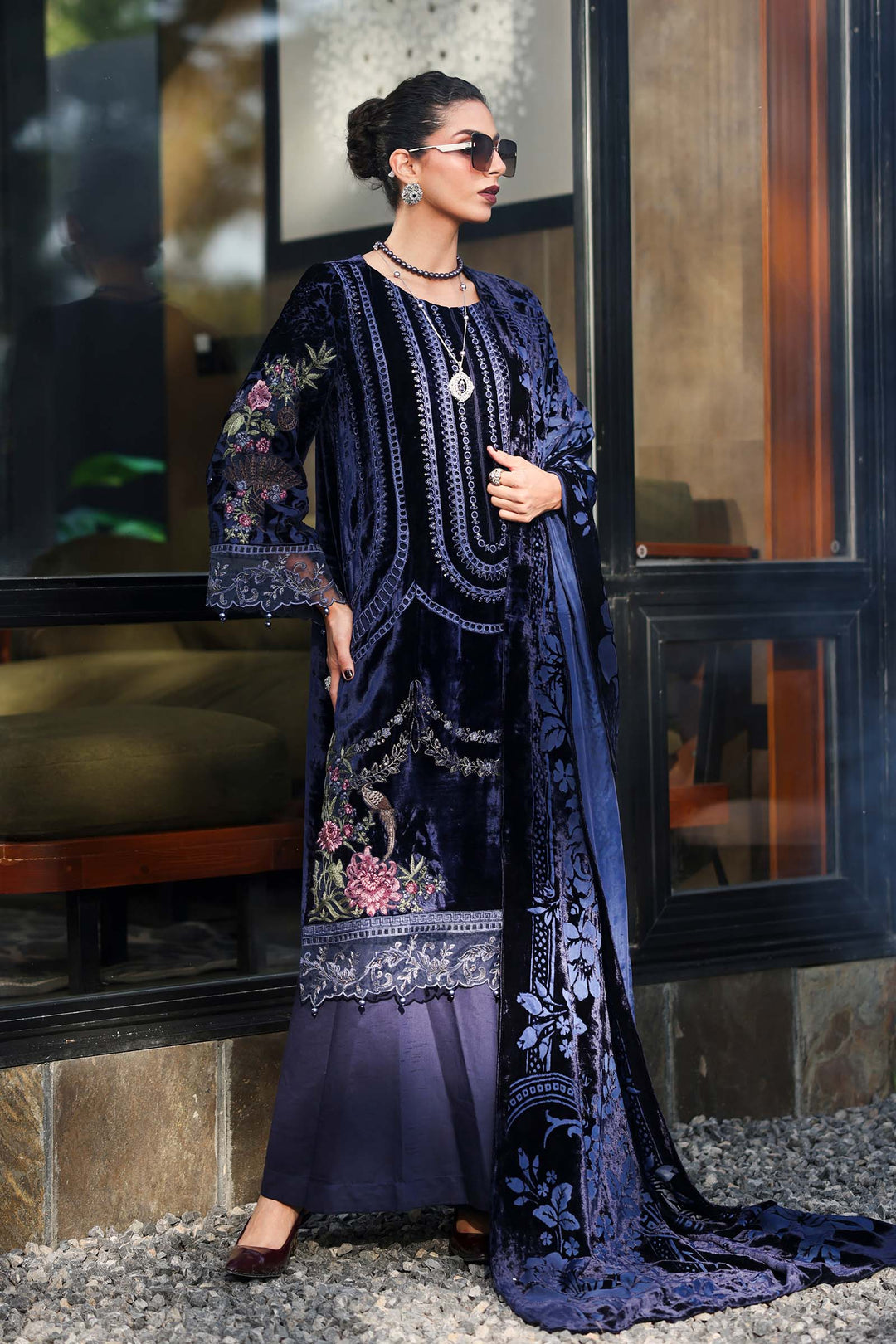 Blues Plachie Velvet Unstitched Dress