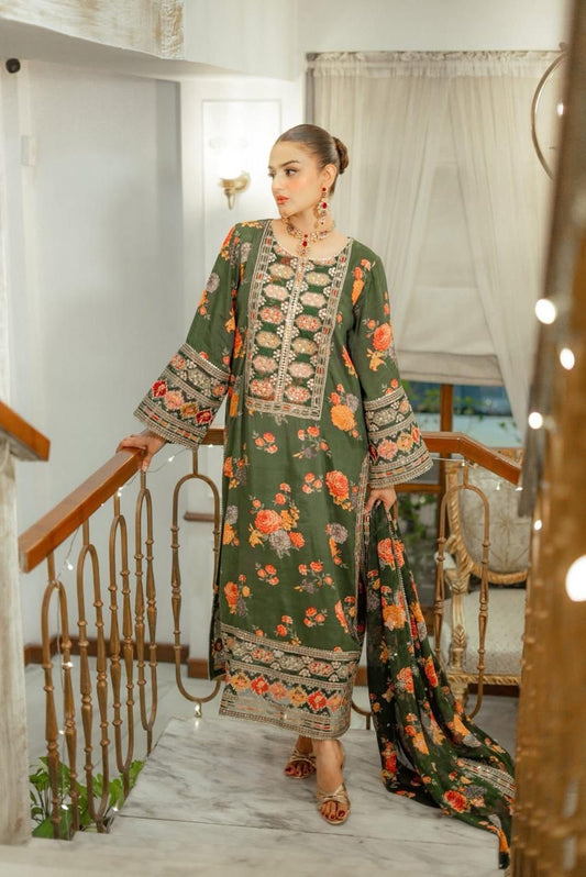Green Embroidered Luxury Lawn Unstitched 3 Piece Dress- ANL