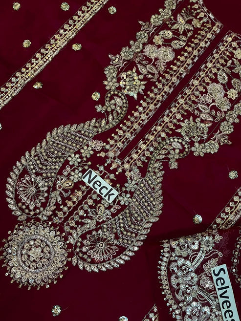 Alizeh Mehroon Chiffon Embroidered 3 Piece Unstitched Suit