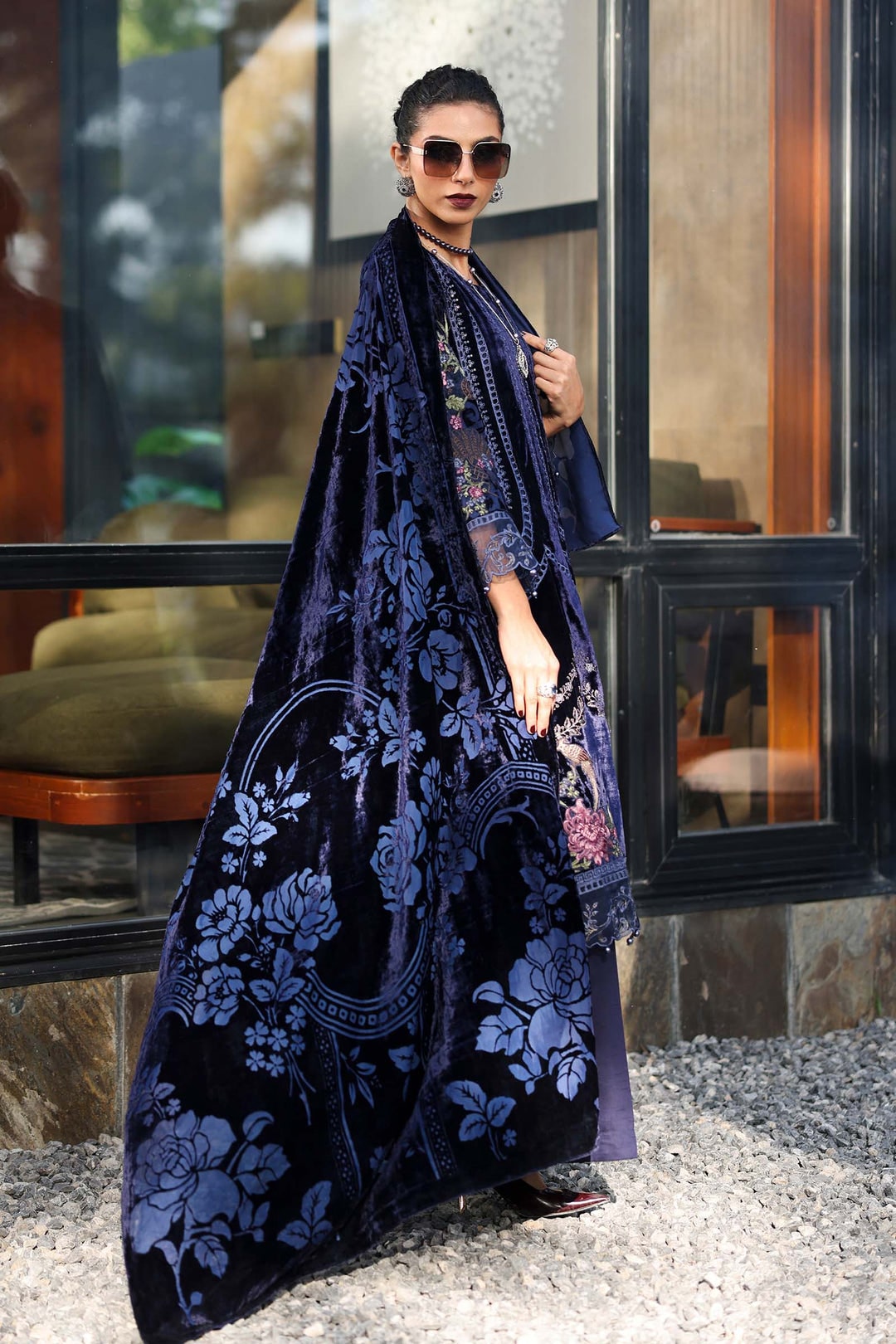 Blues Plachie Velvet Unstitched Dress