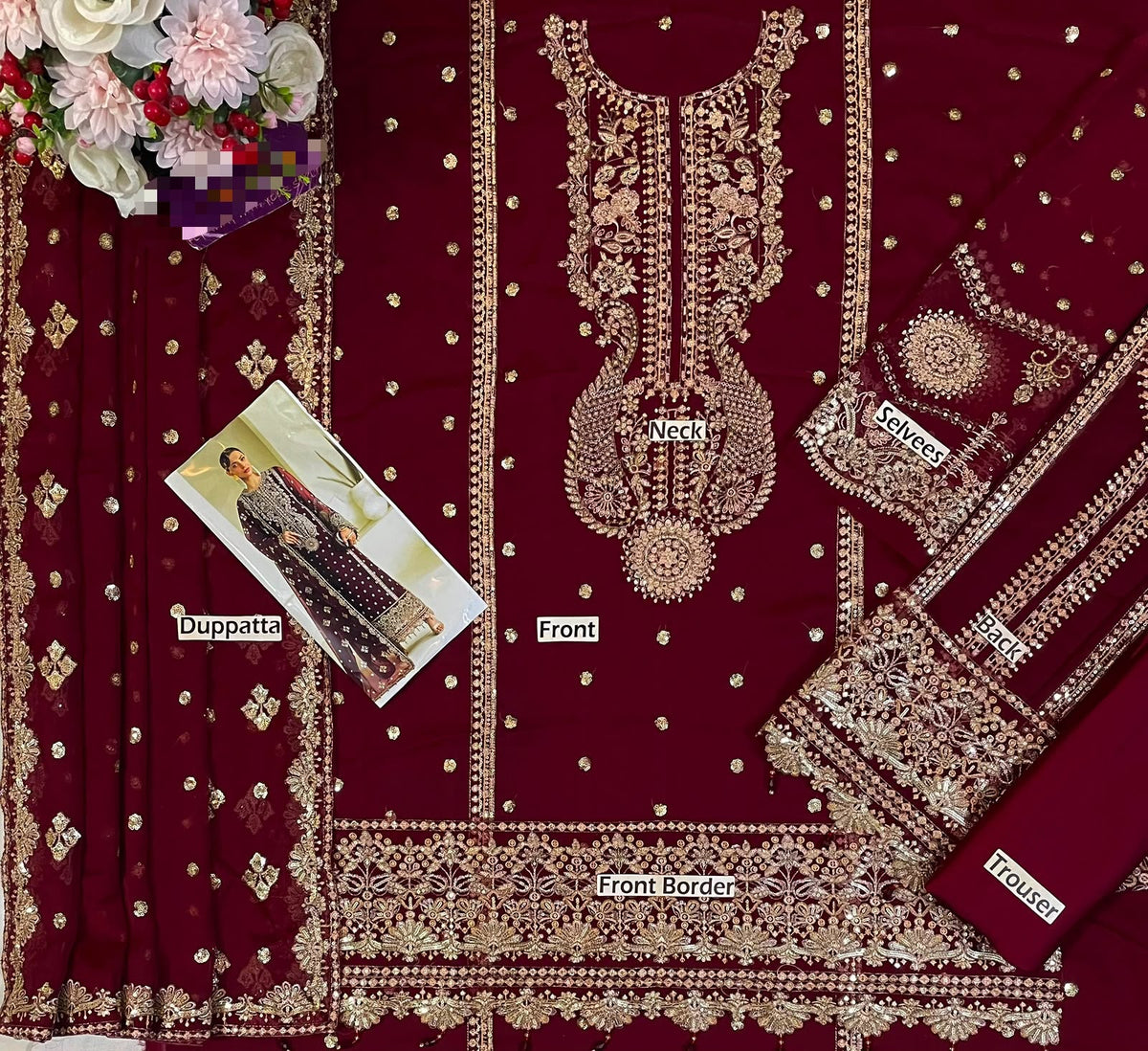 Alizeh Mehroon Chiffon Embroidered 3 Piece Unstitched Suit
