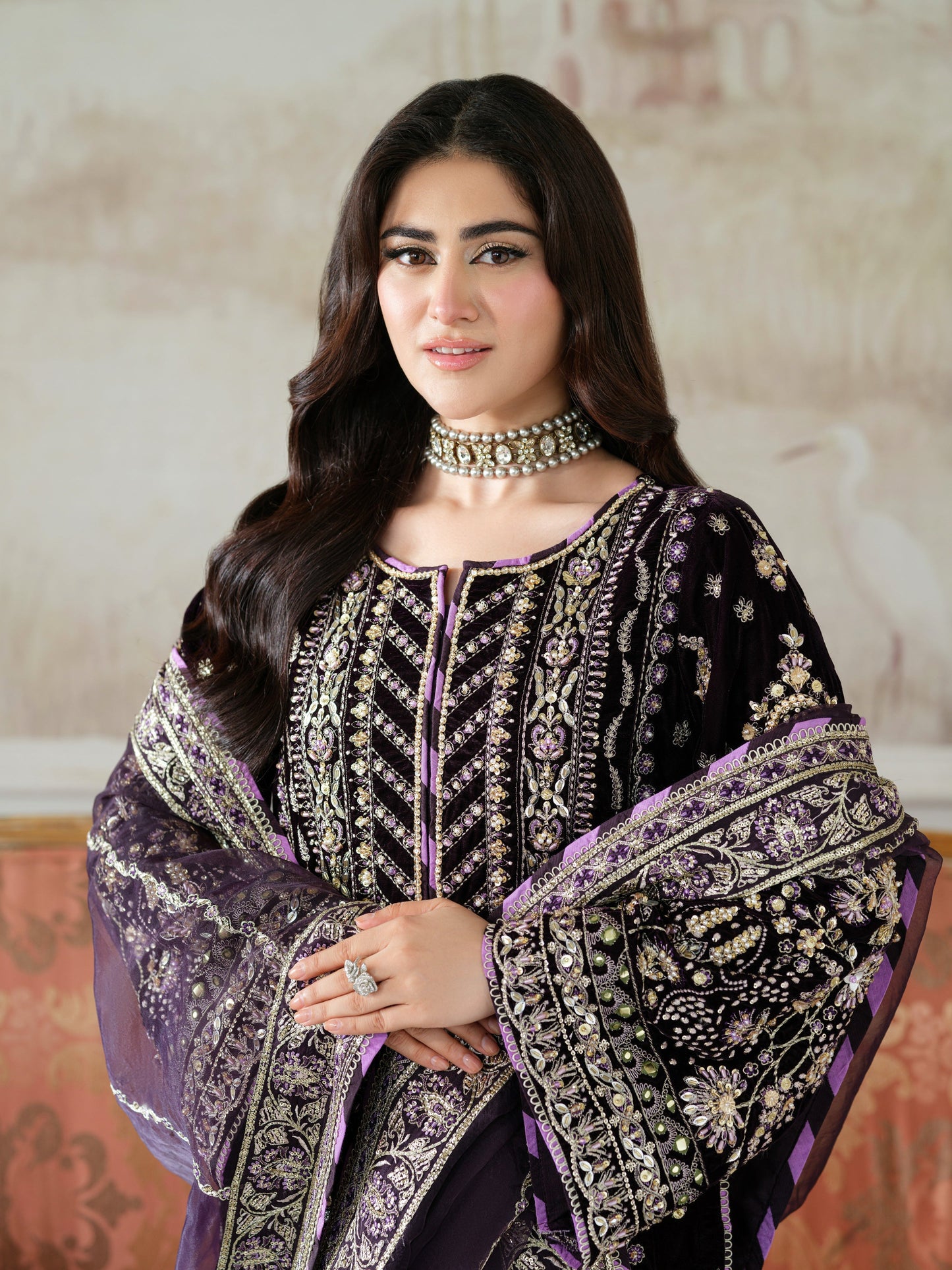 Dark Purple Luxury Velvet Suit 3 Piece Unstitched - ANL