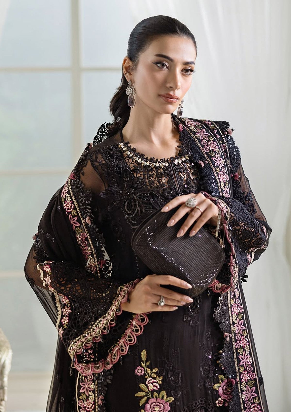 Black Luxury Embroidered Chiffon 3 Piece Unstitched Suit