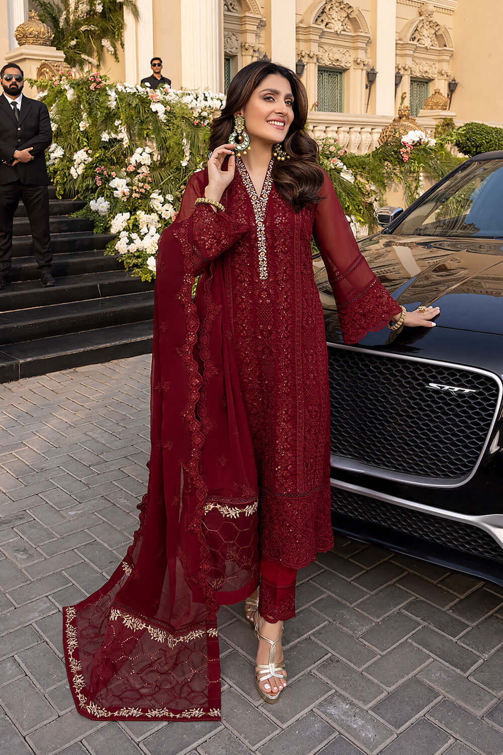 Mehroon Embroidered Chiffon 3 Piece Unstitched Suit -Party Wear